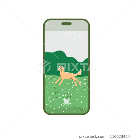 Smartphone screen with dog running on the nature, vlog recording 116628464