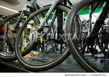 Mountain bike on rack showcase in shop closeup on bicycle wheels Mountain bike on rack showcase in shop closeup on bicycle wheels 116628533