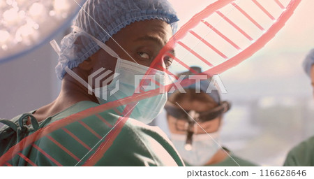 Surgeons in operating room, wearing masks and scrubs, with DNA helix overlay Surgeons in operating room, wearing masks and scrubs, with DNA helix overlay 116628646
