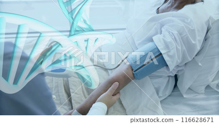 Doctor checking patient's blood pressure with DNA helix overlay in hospital Doctor checking patient's blood pressure with DNA helix overlay in hospital 116628671