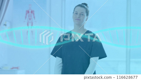 Medical professional standing with DNA helix graphic in laboratory setting Medical professional standing with DNA helix graphic in laboratory setting 116628677