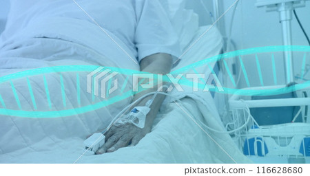 Patient in hospital bed with IV drip and pulse oximeter on hand Patient in hospital bed with IV drip and pulse oximeter on hand 116628680