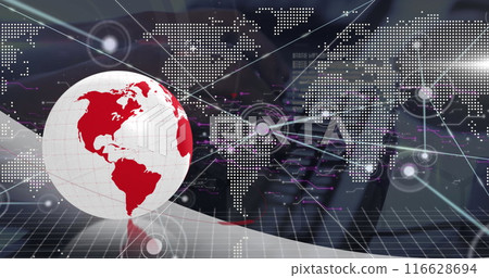 Digital world map with network connections and red globe in foreground 116628694