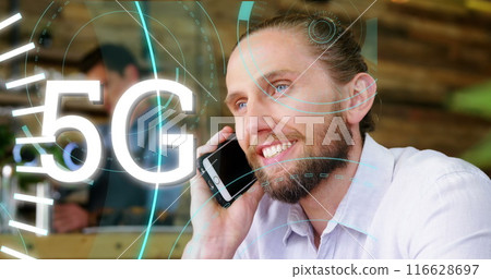 Talking on smartphone, man smiling with 5G technology graphics overlay Talking on smartphone, man smiling with 5G technology graphics overlay 116628697