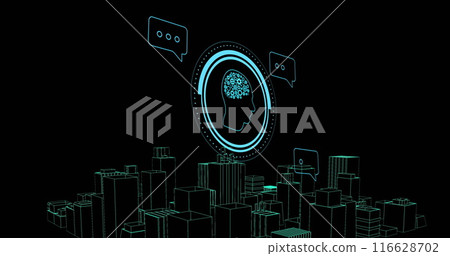 AI brain icon and chat bubbles in digital cityscape, representing artificial intelligence 116628702