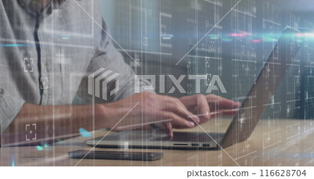 Typing on laptop, person working with smartphone on desk, digital interface overlay Typing on laptop, person working with smartphone on desk, digital interface overlay 116628704