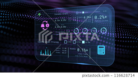 Analyzing futuristic digital screen, financial data displaying economic growth metrics Analyzing futuristic digital screen, financial data displaying economic growth metrics 116628714