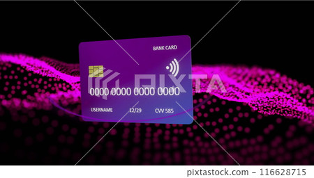 Floating contactless bank card over digital wave, representing modern finance technology Floating contactless bank card over digital wave, representing modern finance technology 116628715