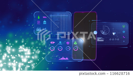 Digital financial data and analytics displayed on futuristic holographic screens 116628716