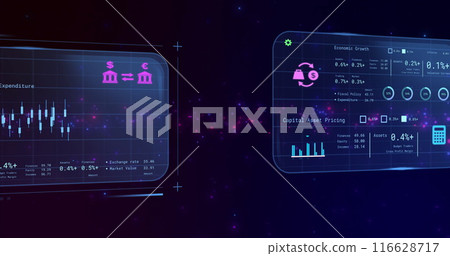 Analyzing financial data on digital screens with graphs and charts in modern interface 116628717
