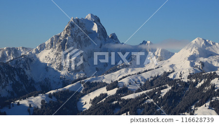 Mount Gummfluh on a clear winter day, Switzerland. Mount Gummfluh on a clear winter day, Switzerland. 116628739