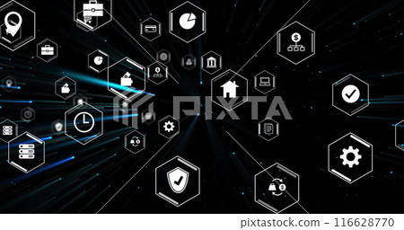 Floating digital finance icons representing various financial concepts in dark space Floating digital finance icons representing various financial concepts in dark space 116628770