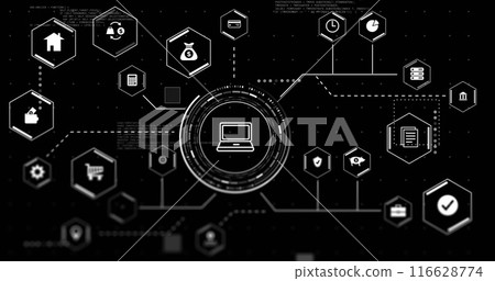 Digital finance network displaying various financial services and technology icons Digital finance network displaying various financial services and technology icons 116628774