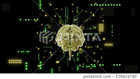 Glowing circuits surrounding digital brain representing artificial intelligence technology 116628780