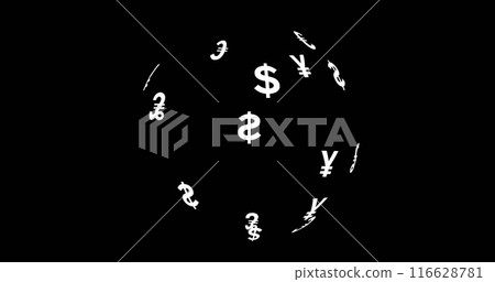 Rotating globe with currency symbols on black background, representing global finance 116628781