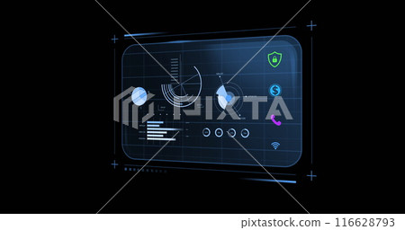 Displaying financial data and security icons, digital dashboard on futuristic interface Displaying financial data and security icons, digital dashboard on futuristic interface 116628793
