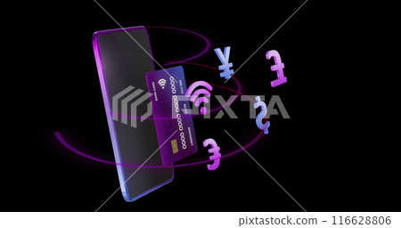 Contactless payment using smartphone and credit card with currency symbols floating Contactless payment using smartphone and credit card with currency symbols floating 116628806