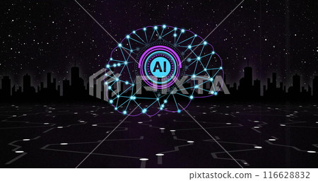Artificial intelligence concept with digital brain and city skyline at night Artificial intelligence concept with digital brain and city skyline at night 116628832