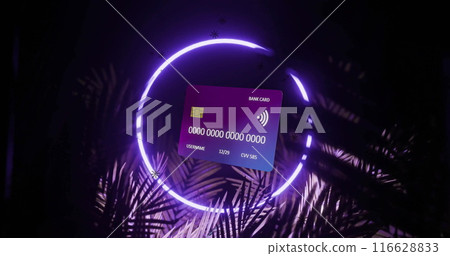 Bank card with futuristic neon lights and palm leaves, highlighting digital finance Bank card with futuristic neon lights and palm leaves, highlighting digital finance 116628833