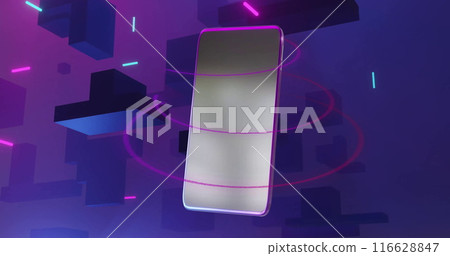 Futuristic smartphone with neon lights and abstract shapes for digital finance concept 116628847