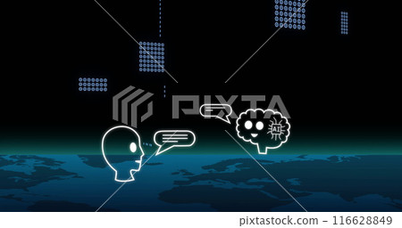 Digital conversation representing AI technology with human and AI brain 116628849