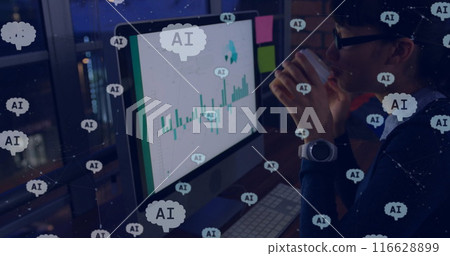 Analyzing data on computer screen, person drinking coffee in AI-themed workspace 116628899