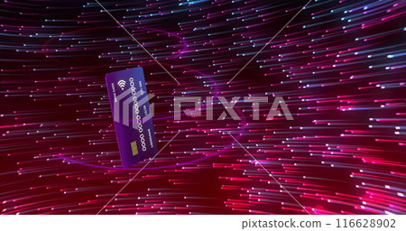 Floating credit card in digital space with vibrant light trails, representing online transactions 116628902