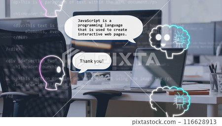Learning JavaScript, AI icons and text bubbles on computer screen in modern office 116628913