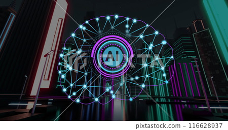 Glowing AI neural network in neon cityscape representing artificial intelligence technology 116628937