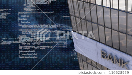 Digital code overlaying bank building, representing fintech and cybersecurity Digital code overlaying bank building, representing fintech and cybersecurity 116628959