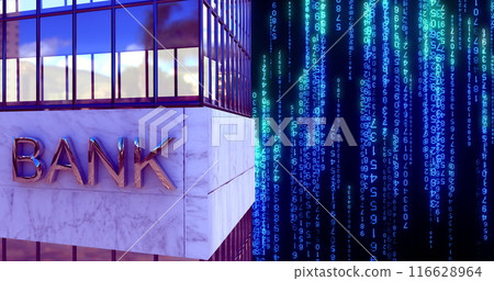 Bank building with digital code overlay, representing modern financial technology 116628964