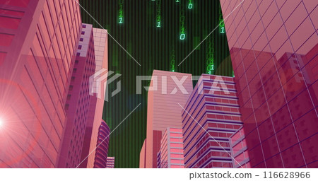Overlaying digital binary code on modern skyscrapers in futuristic cityscape 116628966