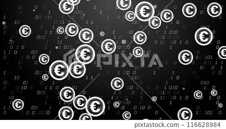 Image of euro dollar sign, binary coding and financial data processing Image of euro dollar sign, binary coding and financial data processing 116628984