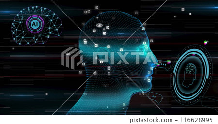 Image of ai texts and chat with brain over digital human spinning 116628995