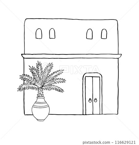 Arabic old two-storey house with palm tree line vector illustration. Simple black and white Middle East hut in Jerusalem, Jordan, Egypt, Emirates, Saudi Arabia or Morocco for Biblical scenes 116629121