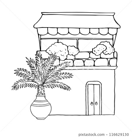 Line Mediterranean house with canopy balcony and palm tree in pot vase black and white flat vector illustration. South Europe traditional architecture from old city. Hand drawn monochrome sketch Line Mediterranean house with canopy balcony and palm tree in pot vase black and white flat vector illustration. South Europe traditional architecture from old city. Hand drawn monochrome sketch 116629130