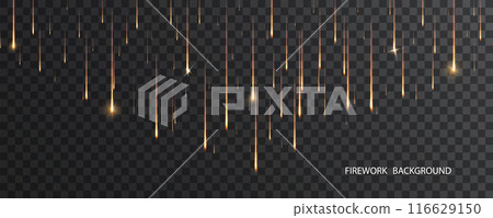 Falling stars gold color. Magic bright lights on copy space for text. Overlay template of light of falling for holiday background. 116629150