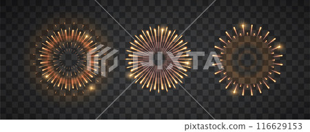 Exploding festival fireworks set, Isolated on dark background. Design concept for holiday banner, poster, flyer, greeting card, decorative. Realistic vector. 116629153