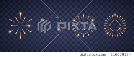 Fireworks set isolated witch lights and sparkle. Realistic design element for New Year and Christmas greeting postcards 116629154