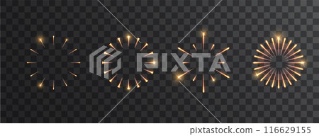 Fireworks in various shapes isolated set. Christmas, New Year, or Birthday holiday design light elements 116629155