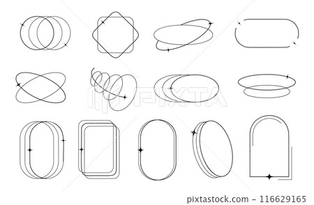 Aesthetic linear frames. Arcs with sparkle, stars. Modern Minimalist , retro aesthetic design Aesthetic linear frames. Arcs with sparkle, stars. Modern Minimalist , retro aesthetic design 116629165