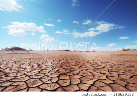 Soil drought cracked and mountain over blue sky with white clouds, Generative AI 116629198