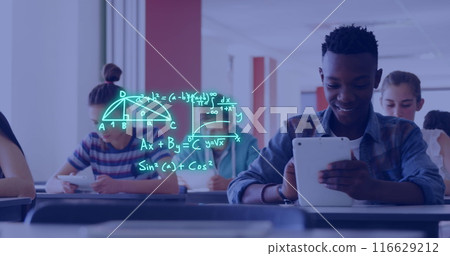 Image of equations and data processing over diverse school children Image of equations and data processing over diverse school children 116629212