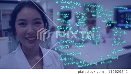Image of data processing over biracial female student in laboratory Image of data processing over biracial female student in laboratory 116629241