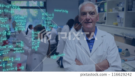 Image of data processing over caucasian male teacher in laboratory 116629242