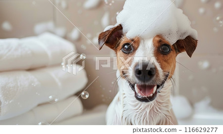 Wet Dog taking bath, shower In bathtub. Funny washing Jack Russell Terrier with shampoo foam on its head sits in bathroom. Woman shampooing a white Doggy in grooming salon. Pet hygiene. Bathing Puppy 116629277