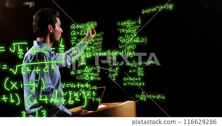 Image of scientific data processing over caucasian male teacher 116629286
