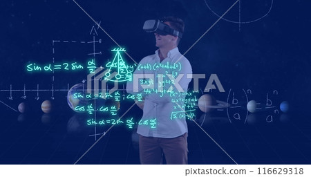 Image of scientific data processing over caucasian man in vr headset Image of scientific data processing over caucasian man in vr headset 116629318