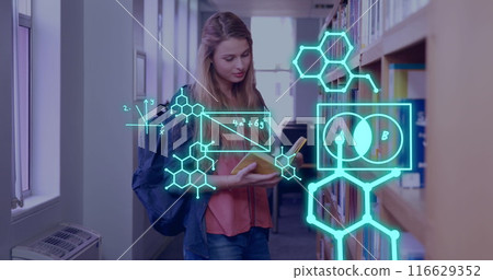Image of scientific data processing over caucasian female student Image of scientific data processing over caucasian female student 116629352
