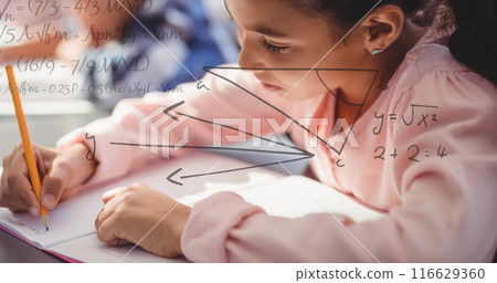 Image of question mark and mathematical equations over diverse schoolchildren in classroom Image of question mark and mathematical equations over diverse schoolchildren in classroom 116629360